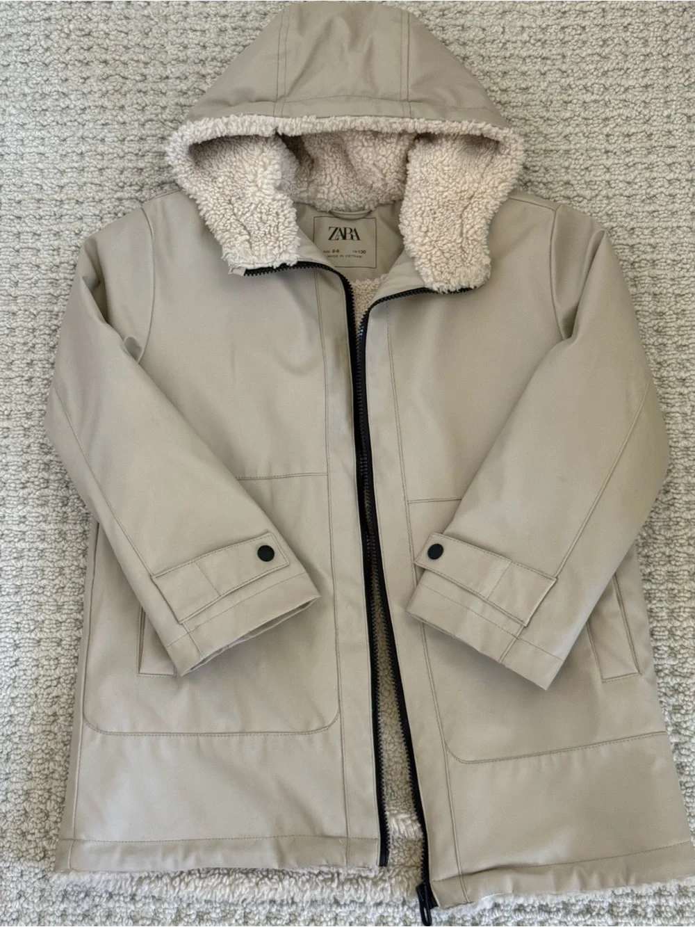 Zara Beige soft rubber Teddy coat with Sherpa Lining, waterproof!